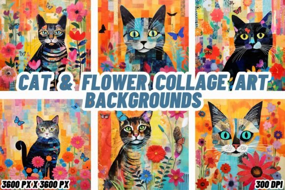 Cat & Flower Collage Art Backgrounds: Whimsy Meets Design