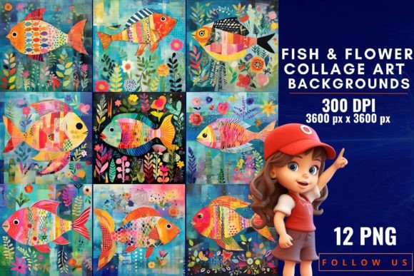 Fish & Flower Collage Art: 12 Whimsical Digital Backgrounds