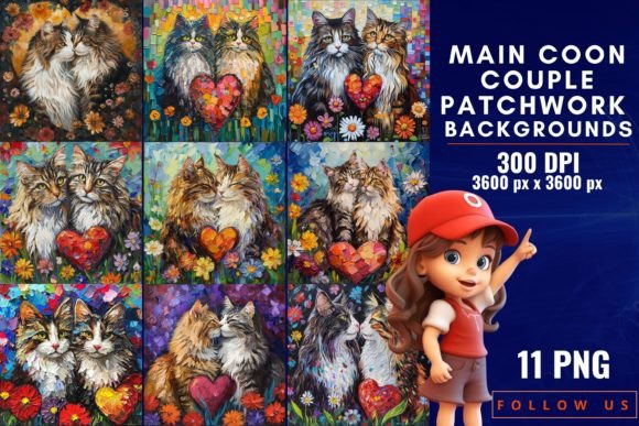 Maine Coon Couple Patchwork Backgrounds: Stitched Feline Love