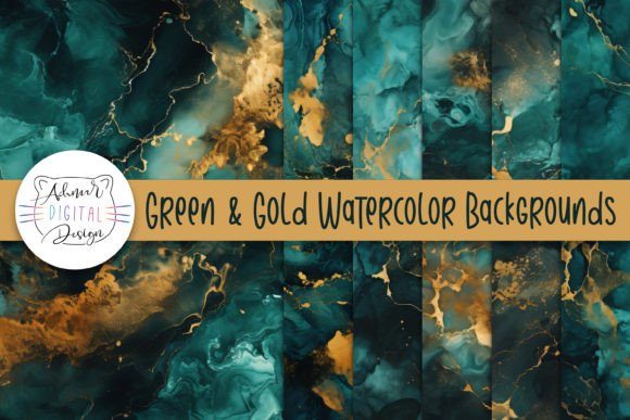 Rich Green and Gold Watercolor Backgrounds for Designers